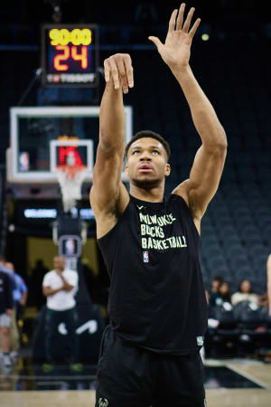 Jan 4, 2024; San Antonio, Texas, USA; Milwaukee Bucks forward Giannis Antetokounmpo (34) warms up at Frost Bank Center ahead of facing the San Antonio Spurs.
